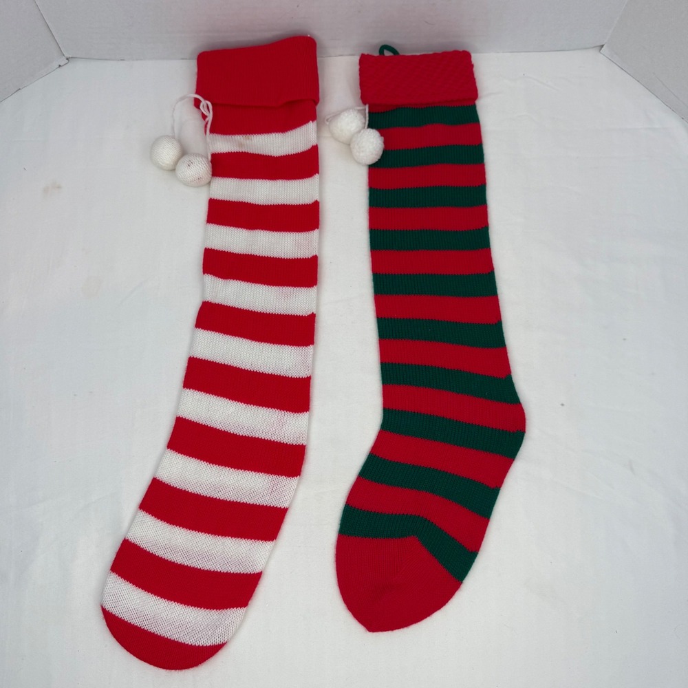 Vintage Knit Christmas Stockings Set Red White Green Striped Pom Pom 2pc